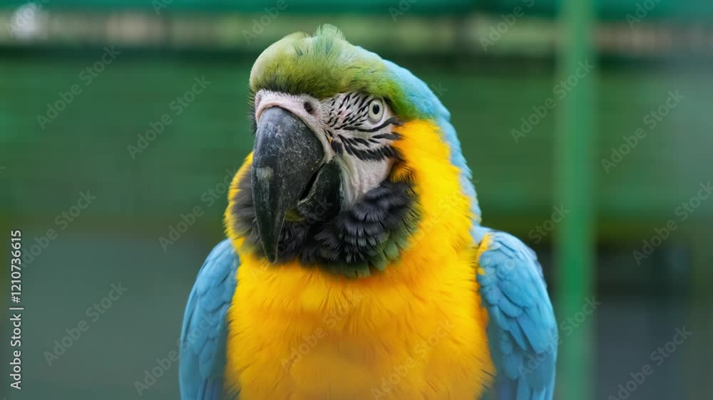 Close-up shot of adult macaw Ara parrot. Bright blue and yellow color bird portrait with blurred background Close-up shot of adult macaw Ara parrot. Bright blue and yellow color bird portrait with blurred background