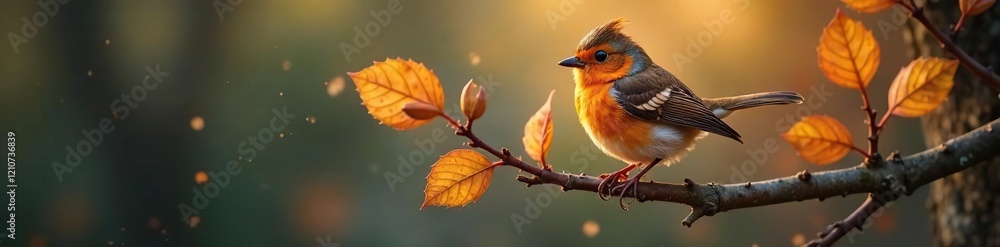Obraz premium Delicate fairy light knitted robin on a branch, foliage, branches, autumn