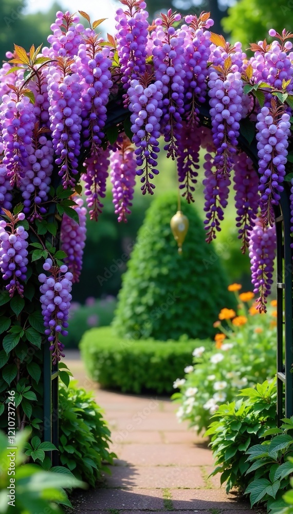 Obraz premium Colorful wisteria blooms drape over garden arch, purple, garden feature