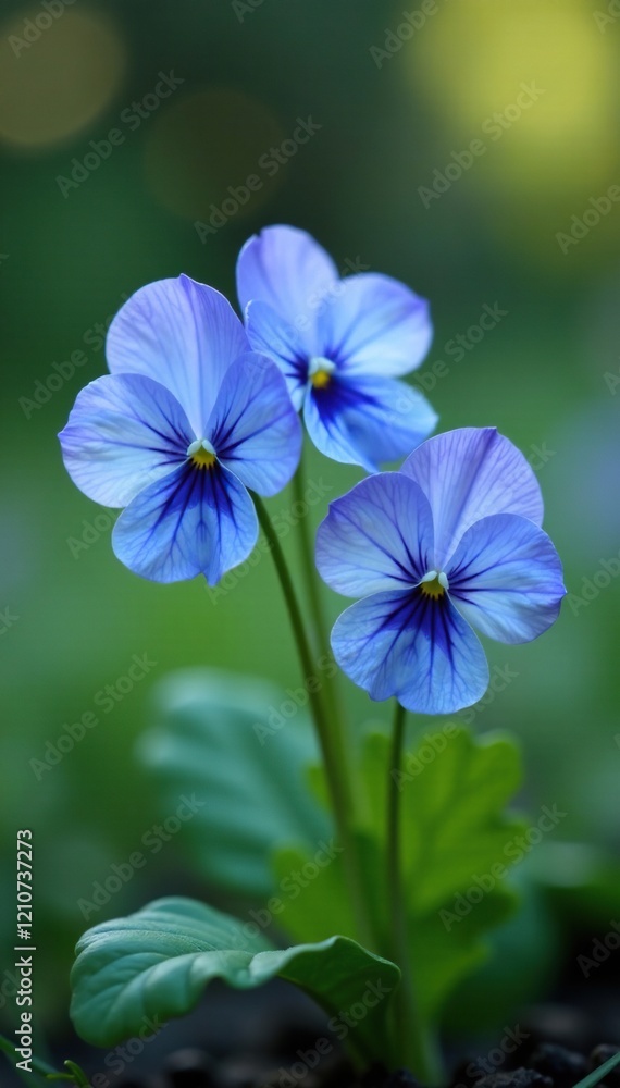 Delicate blue viola flowers blooming in a garden, landscape, pure, botanical Delicate blue viola flowers blooming in a garden, landscape, pure, botanical
