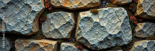 Weathered stonework with intricate cracks and moss, rock formations, rough photo