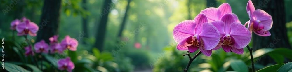 Exotic purple orchids in a lush forest atmosphere, orchids, trees Exotic purple orchids in a lush forest atmosphere, orchids, trees