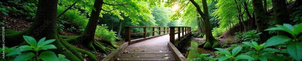 Forest walkway with wooden bridge over a river, forest walkway, wooden bridge Forest walkway with wooden bridge over a river, forest walkway, wooden bridge