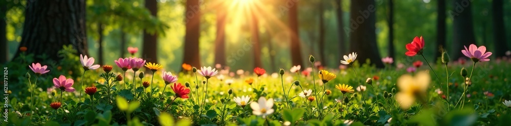Obraz premium Wildflowers blooming in a sunlit clearing of the forest, forest clearing, bloom