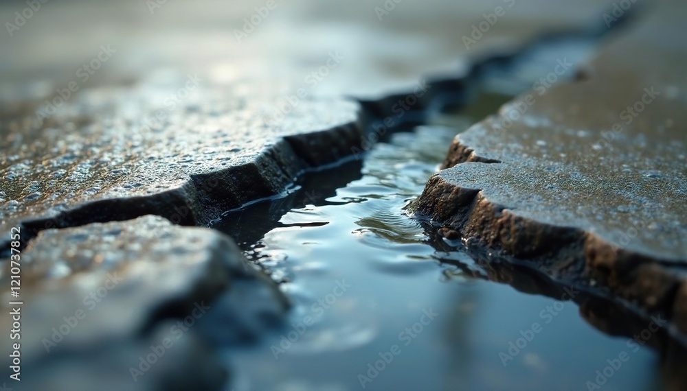 Water seeping into cracks on concrete surface, water, pores Water seeping into cracks on concrete surface, water, pores