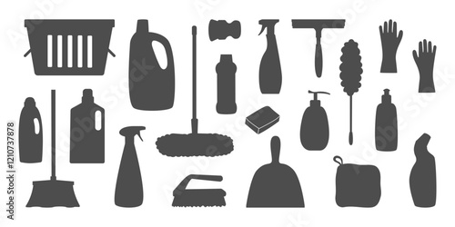 Set of cleaning tools silhouette. Household supplies icons for home office cleaning. Black minimalist simple cleanup items collection basket mop brush gloves dustpan broom detergent