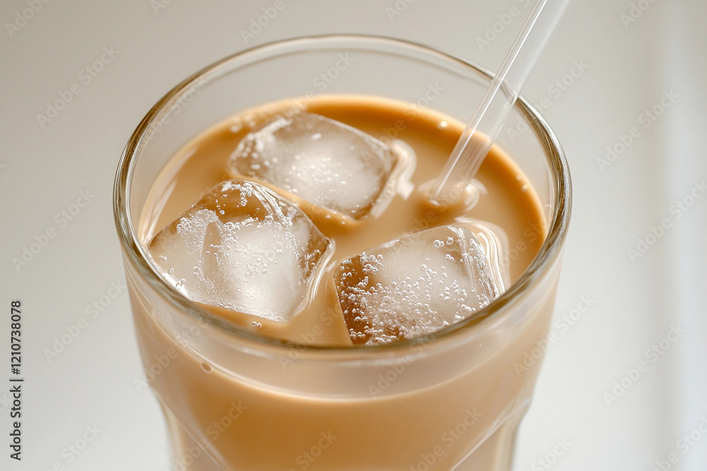 Iced coffee in a glass with ice cubes and a straw served in a light background setting Iced coffee in a glass with ice cubes and a straw served in a light background setting