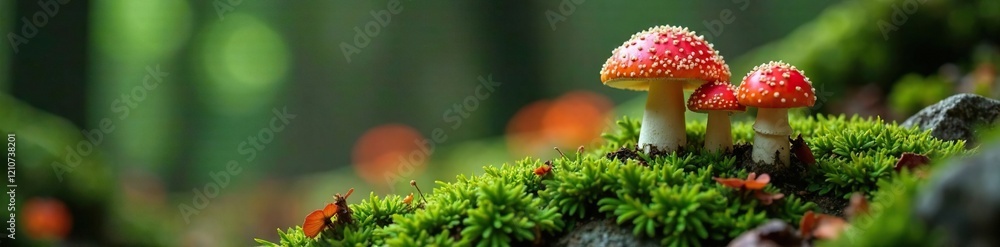 Amanita muscaria mushrooms sprouting from mossy stone, moss, fungi, poisonous Amanita muscaria mushrooms sprouting from mossy stone, moss, fungi, poisonous
