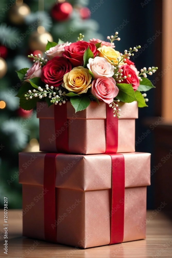 Obraz premium A stunning arrangement of colorful flowers on top of a stack of elegant Christmas gift boxes, premium, decorated, luxury
