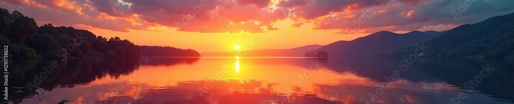 Fototapeta premium Warm orange hues dance across serene lake waters at dusk, landscape, golden hour, lake