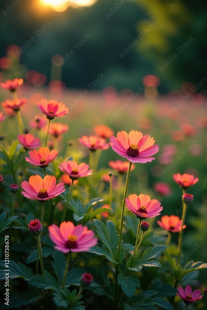Softly glowing wildflowers illuminate the fading light of a summer evening, blooms, serene landscape Softly glowing wildflowers illuminate the fading light of a summer evening, blooms, serene landscape