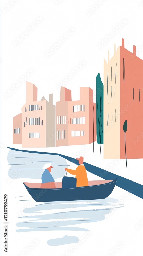 Fototapeta premium Enchanting River Cruise: Serene Boat Trip Through a Picturesque Cityscape