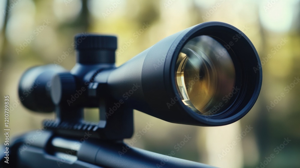 Detailed image of a rifle scope lens, blurred background Detailed image of a rifle scope lens, blurred background