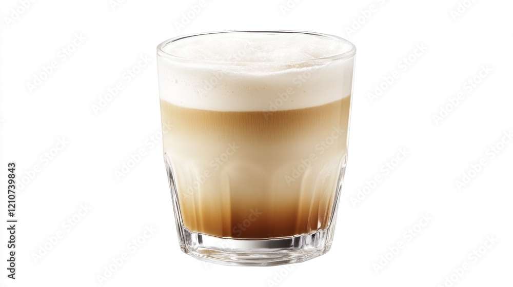 Creamy latte, cafe beverage, glass, foam, white background, menu Creamy latte, cafe beverage, glass, foam, white background, menu