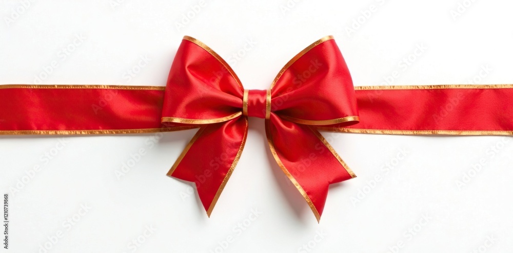 A red bow with gold trim on a white background, tied in a loose knot, knot, gold trim A red bow with gold trim on a white background, tied in a loose knot, knot, gold trim
