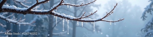 Bare tree branches with snow and ice hanging from them swaying gently in the wind, frozen branch, bare trees, frosty