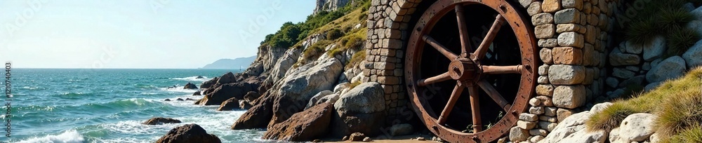 Faded wooden wheel in crumbling mill on rocky coastline, faded, wooden, wood Faded wooden wheel in crumbling mill on rocky coastline, faded, wooden, wood