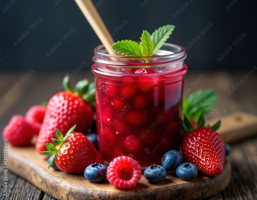 Fresh berries like strawberries raspberries, blueberries in jar of homemade raspberry jam. Tasty red fruit preserve. Sweet, healthy dessert. Summer food. Perfect for breakfast as snack. Ideal for Fresh berries like strawberries raspberries, blueberries in jar of homemade raspberry jam. Tasty red fruit preserve. Sweet, healthy dessert. Summer food. Perfect for breakfast as snack. Ideal for