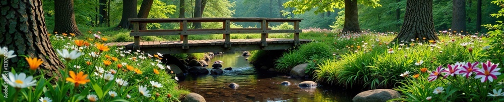 A wooden bridge spans a small stream amidst wildflowers and forest trees, , nature A wooden bridge spans a small stream amidst wildflowers and forest trees, , nature