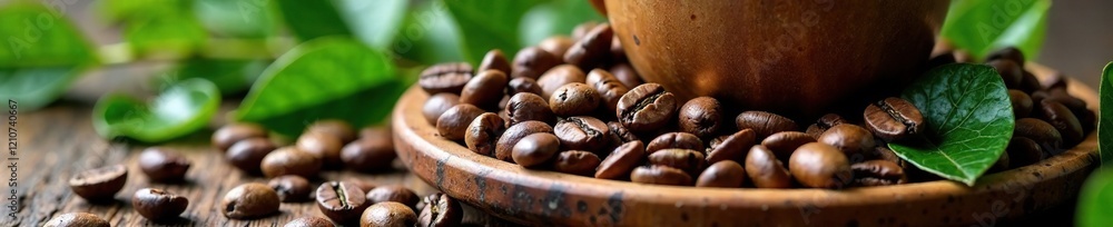 Coffee beans scattered around tea leaves on a wooden plate, leafy, coffee, green Coffee beans scattered around tea leaves on a wooden plate, leafy, coffee, green