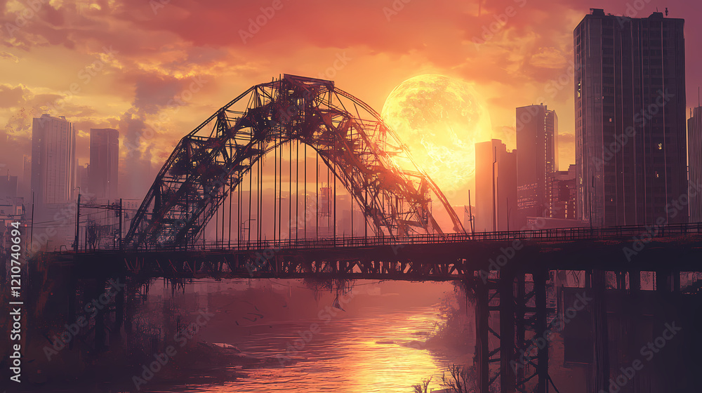 Naklejka premium An old iron bridge that has been abandoned and is not in use in the middle of a big city. Cosmic Bridge. Illustration