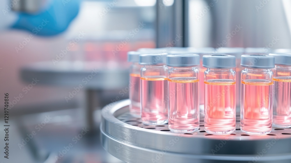 Laboratory vials with red liquid for virus research and analysis in a scientific setting Laboratory vials with red liquid for virus research and analysis in a scientific setting