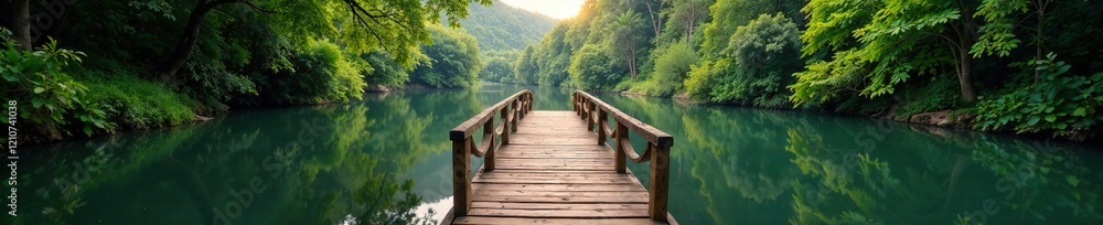 A narrow wooden bridge spanning a serene river, Calm,