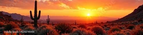 Desert landscape with saguaro cactus in warm orange hues, sunsets, sonoran desert