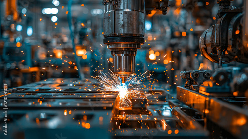 A detailed view of industrial equipment in a factory, with sparks flying from welding tools and the shiny metal surfaces reflecting light. photo