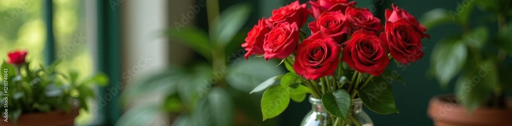 A vase filled with bright red roses and fresh greenery, glass, greenery A vase filled with bright red roses and fresh greenery, glass, greenery