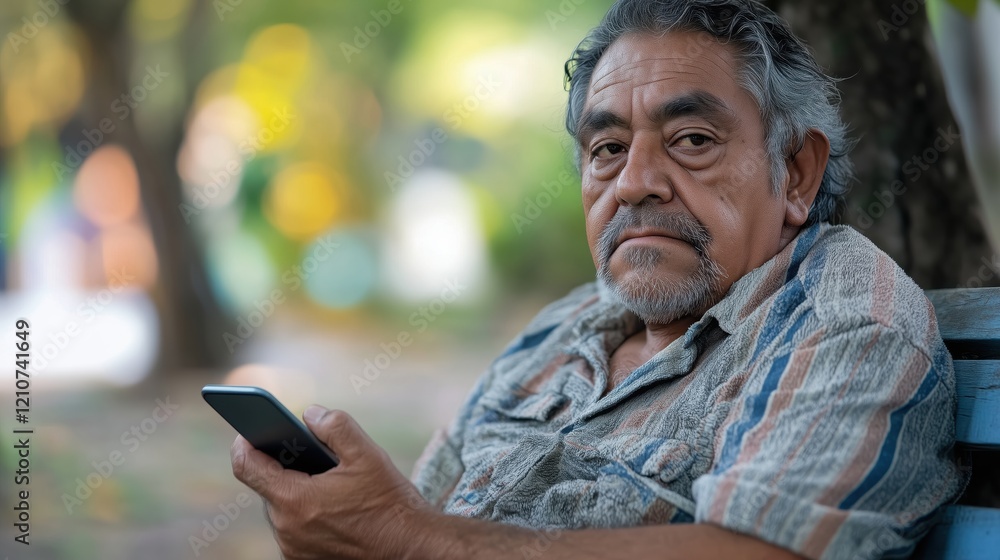 Fototapeta premium A tired senior Latino man sits on a park bench, smartphone in hand, his expression worn and weary, captured in a moment of quiet exhaustion.