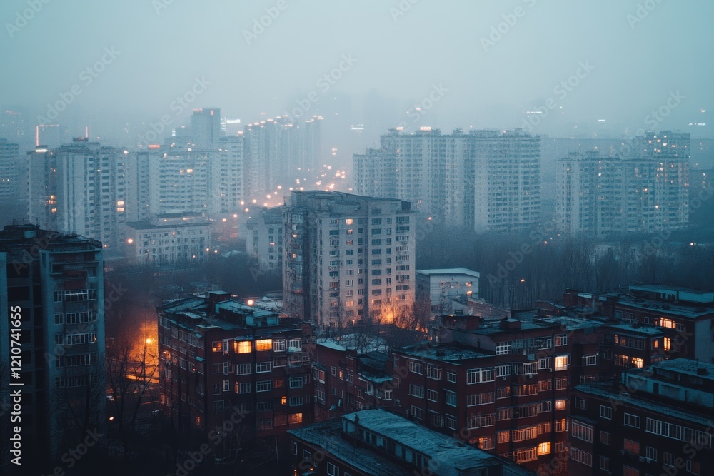 A cityscape emerges from the fog, with illuminated windows contrasting the misty evening, capturing urban life in a dreamy haze. A cityscape emerges from the fog, with illuminated windows contrasting the misty evening, capturing urban life in a dreamy haze.