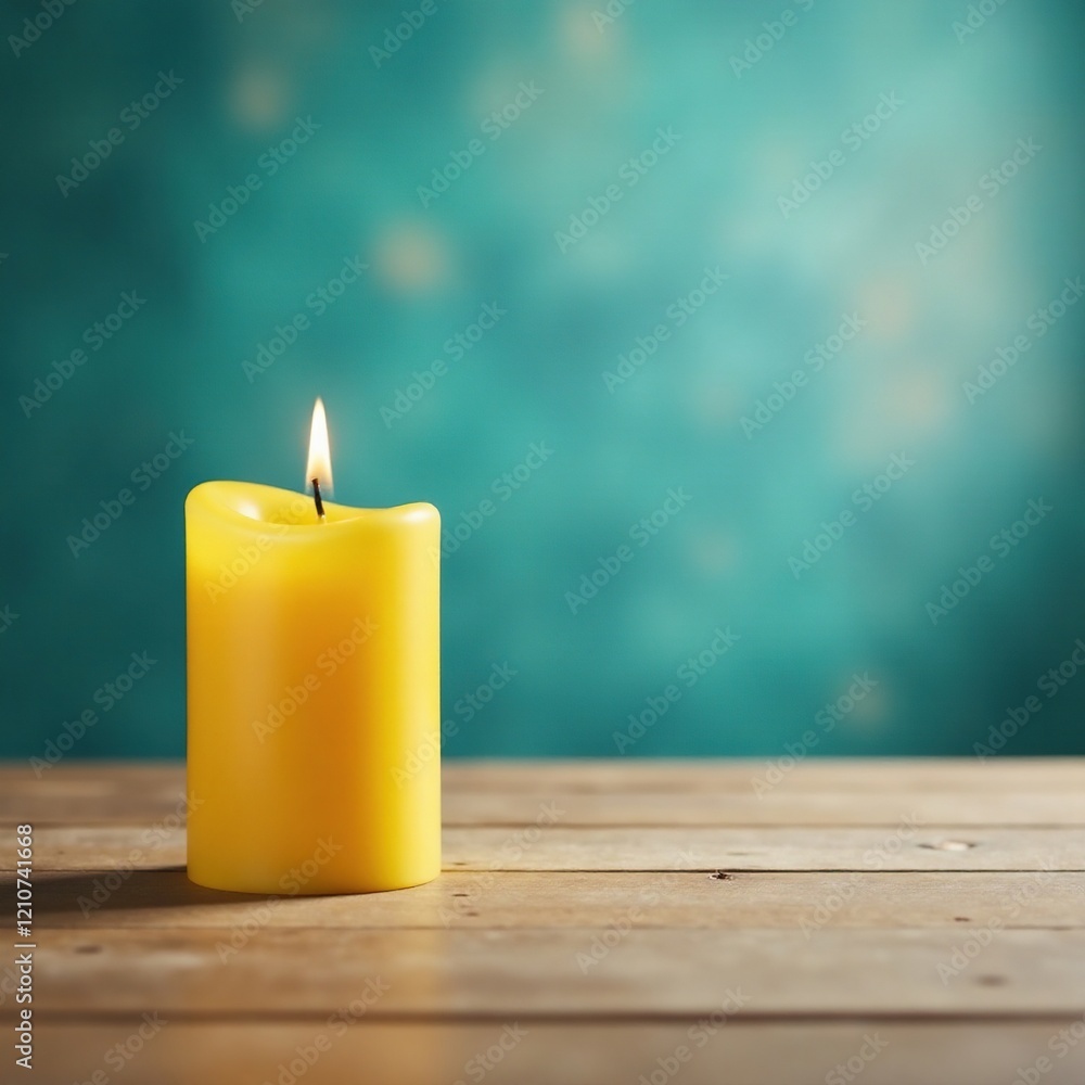 A lone yellow candle burns brightly on a wooden table, wood, table, A lone yellow candle burns brightly on a wooden table, wood, table,