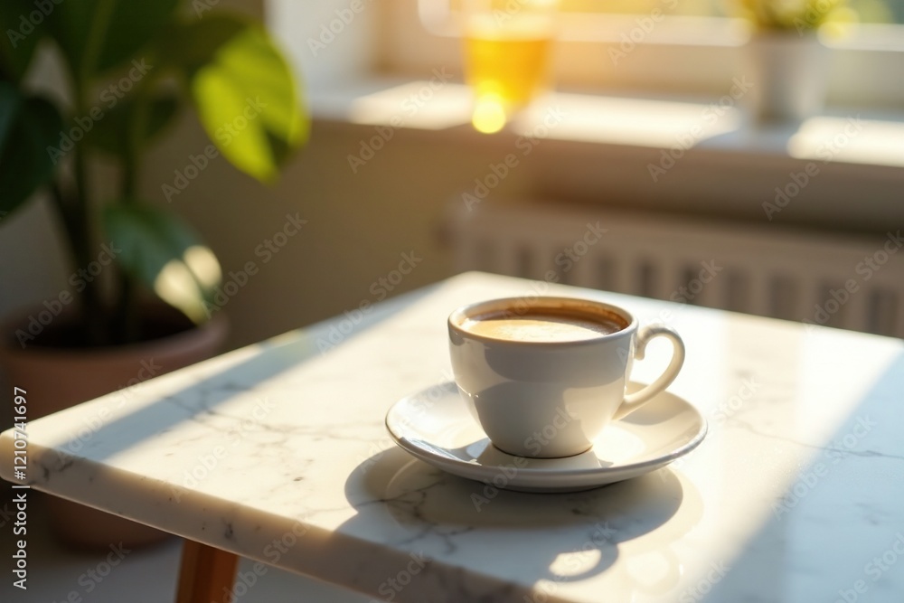 Marble table with a cup of coffee and morning sunlight, ambiance, sunlight Marble table with a cup of coffee and morning sunlight, ambiance, sunlight