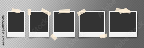 Set of various polaroid photo frames with adhesive tape on a transparent background. Minimalist vector mockup. Template for collage, photo album, social media post, poster, portfolio