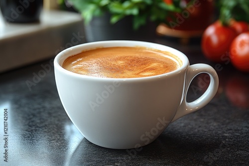A cup of coffee placed on a table surface