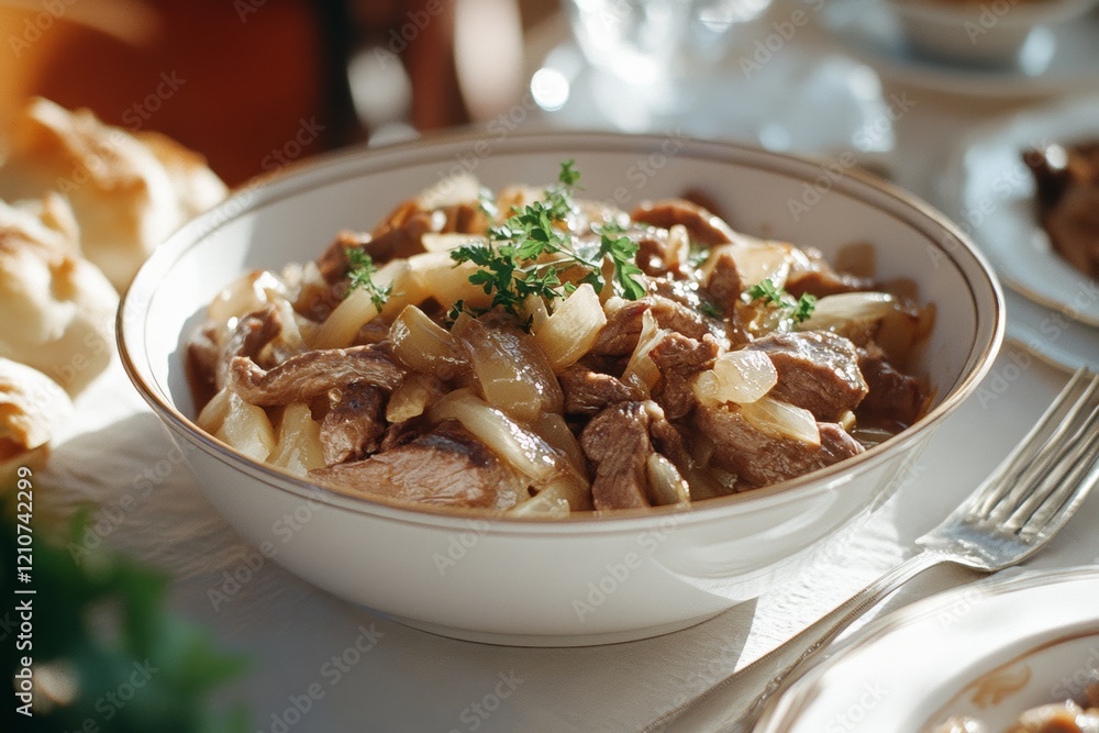Hearty bowl of meat and vegetables in warm light, embodying a comforting, rustic, and home-cooked dining experience. Hearty bowl of meat and vegetables in warm light, embodying a comforting, rustic, and home-cooked dining experience.