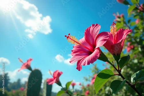 Full bloom hibiscus flowers under bright blue heavens, hibiscus, cactus, bloomed photo