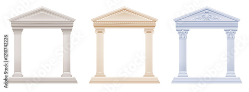 Greek and Roman column temple set. Pillar vector building. Ancient white marble architecture from Greece, Rome. Arch, frame, roof. Antique palace. Classic 3d stone house. Doric ionic corinthian temple