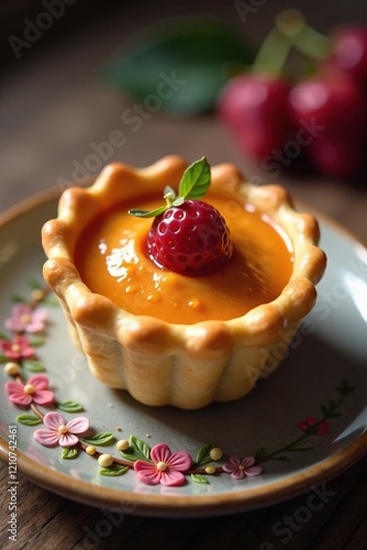 A perfectly crafted miniature French tart with a golden crust, miniaturized, pastry, French photo