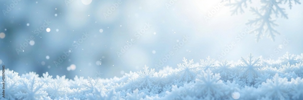 Snowflakes gently settle on a snow-covered surface, white, serenity Snowflakes gently settle on a snow-covered surface, white, serenity