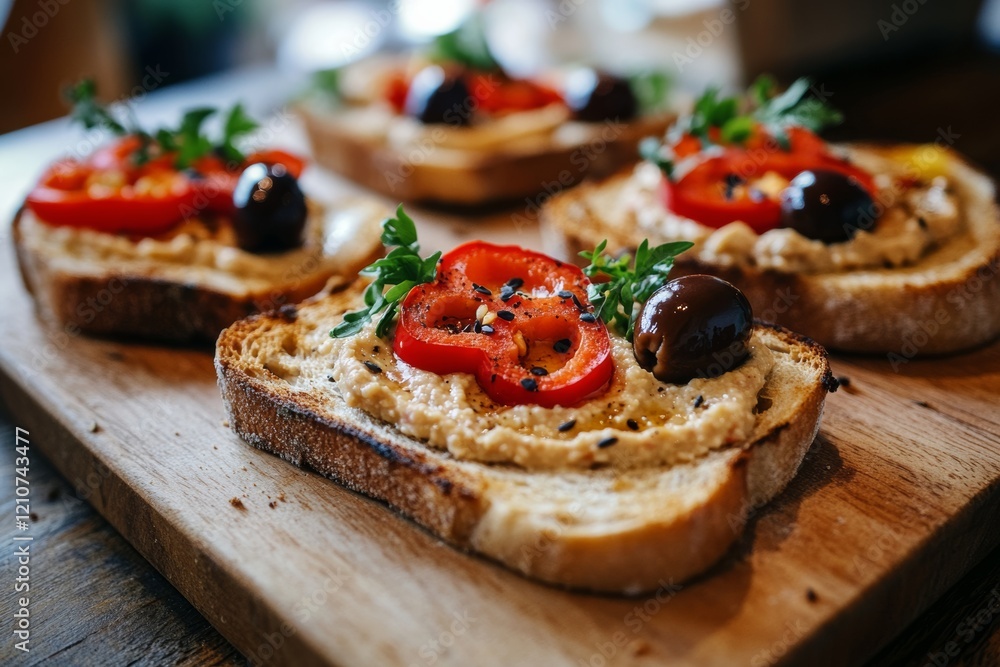 Appetizing slices of bread topped with hummus, red peppers, olives, and fresh herbs sit on a rustic wooden board, perfect for sharing. Appetizing slices of bread topped with hummus, red peppers, olives, and fresh herbs sit on a rustic wooden board, perfect for sharing.