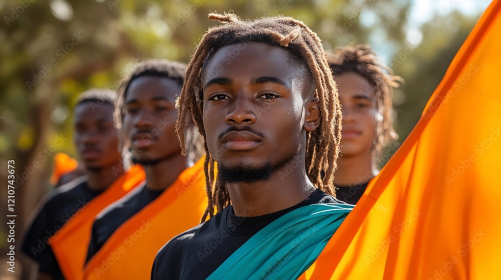 Confident young man with dreadlocks leading a group, holding an orange and teal flag. Confident young man with dreadlocks leading a group, holding an orange and teal flag.