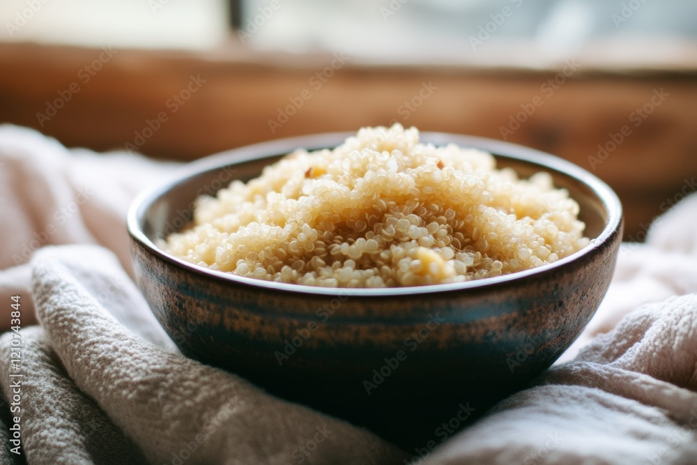 A rustic bowl of fluffy, cooked quinoa grains, set against a cozy background, highlighting the simplicity and warmth of a wholesome meal. A rustic bowl of fluffy, cooked quinoa grains, set against a cozy background, highlighting the simplicity and warmth of a wholesome meal.