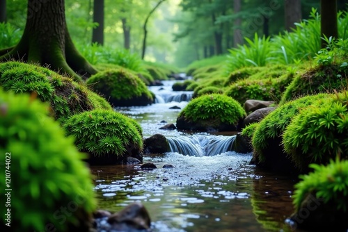 gentle stream flowing through mossy valley floor, greenery, water flow, calmness
