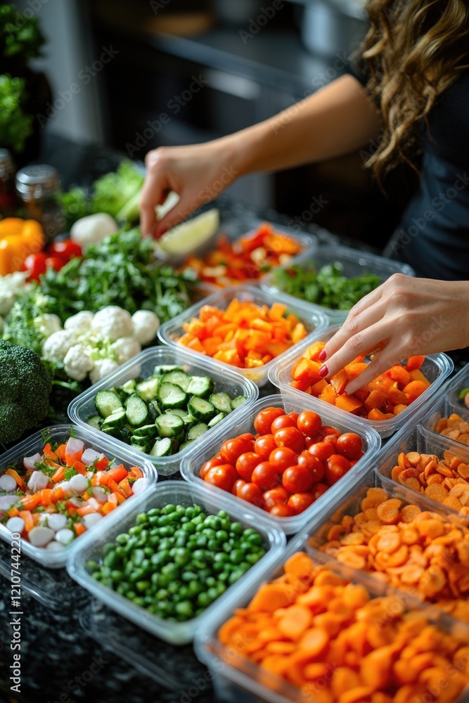 Obraz premium A woman storing vegetables in plastic containers