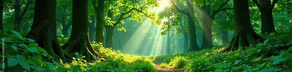 Fototapeta premium Dense foliage of rubber trees under dappled sunlight filter, greenery, plastic tree, forest landscape