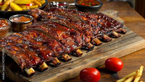 Mouthwatering barbecue ribs on wooden platter with fresh tomatoes, savory sauces, and delicious sides create unforgettable dining experience for meat lovers and food enthusiasts.