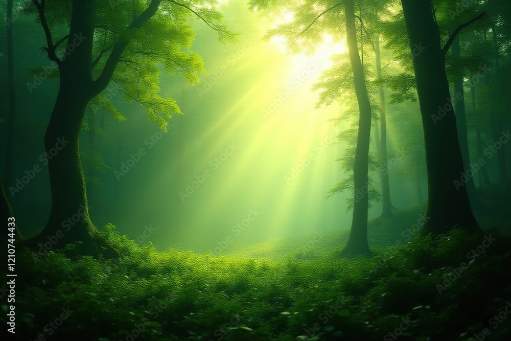 Fototapeta premium Sunbeams dance through the misty veil of a dense rainforest, dew, mist, greenery
