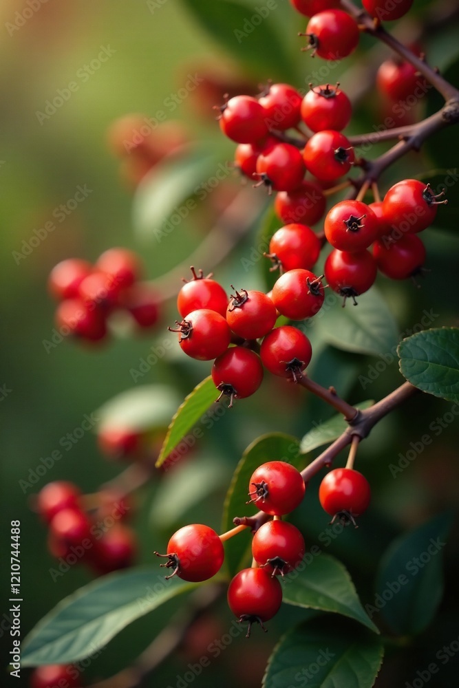 Closeup of fiery red berries on a bushy Heavenly Bamboo plant, fiery red berries, fire power plant, heathery foliage Closeup of fiery red berries on a bushy Heavenly Bamboo plant, fiery red berries, fire power plant, heathery foliage